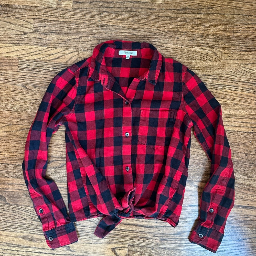 Madewell Red & Black Buffalo Plaid Button-Up Tie Up Shirt XXS